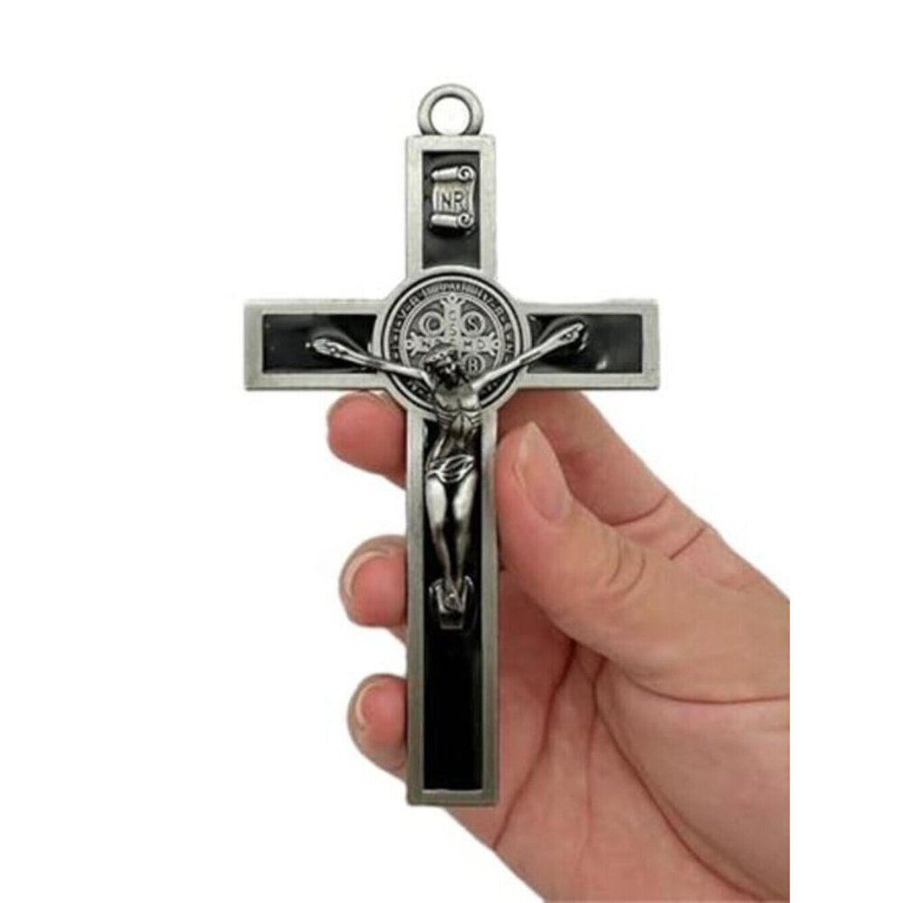 St. Benedict Medal Wall Cross Antique Silver Metal Art